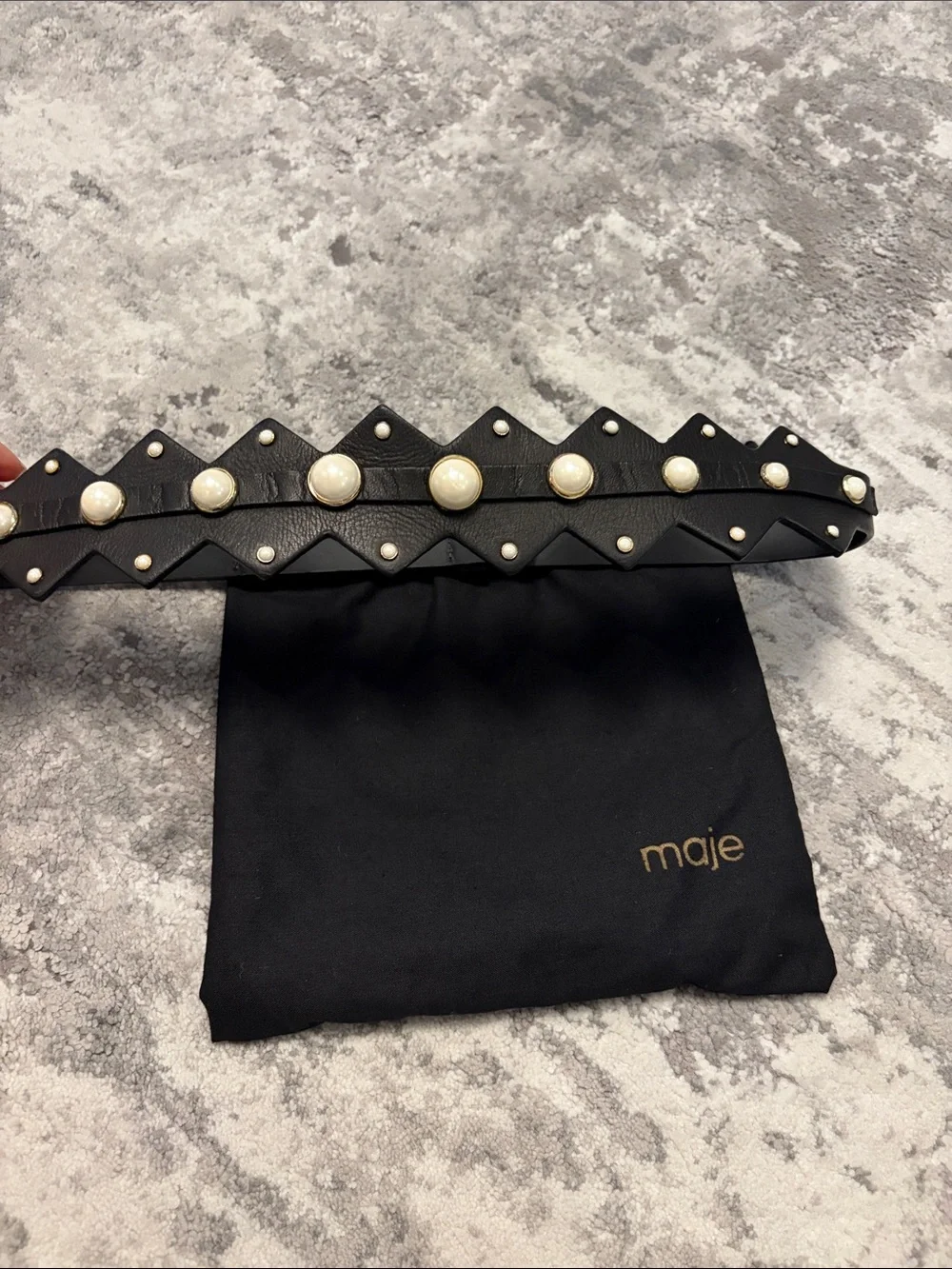Maje Black Leather Pearl & Stud Embellished Belt